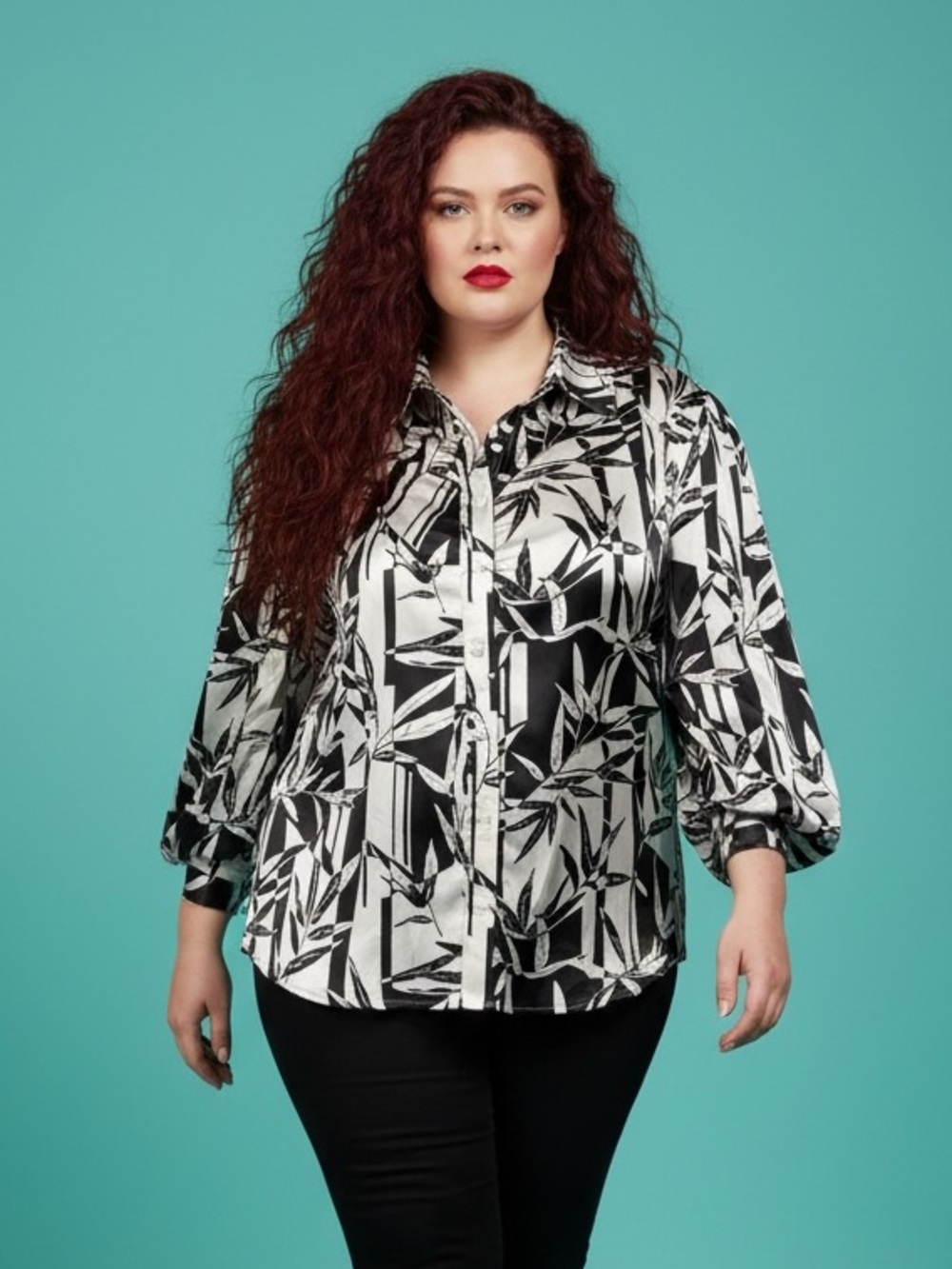 Equation Black White Patterned Silky Polyester Button Front Blouse Plus Size 2X